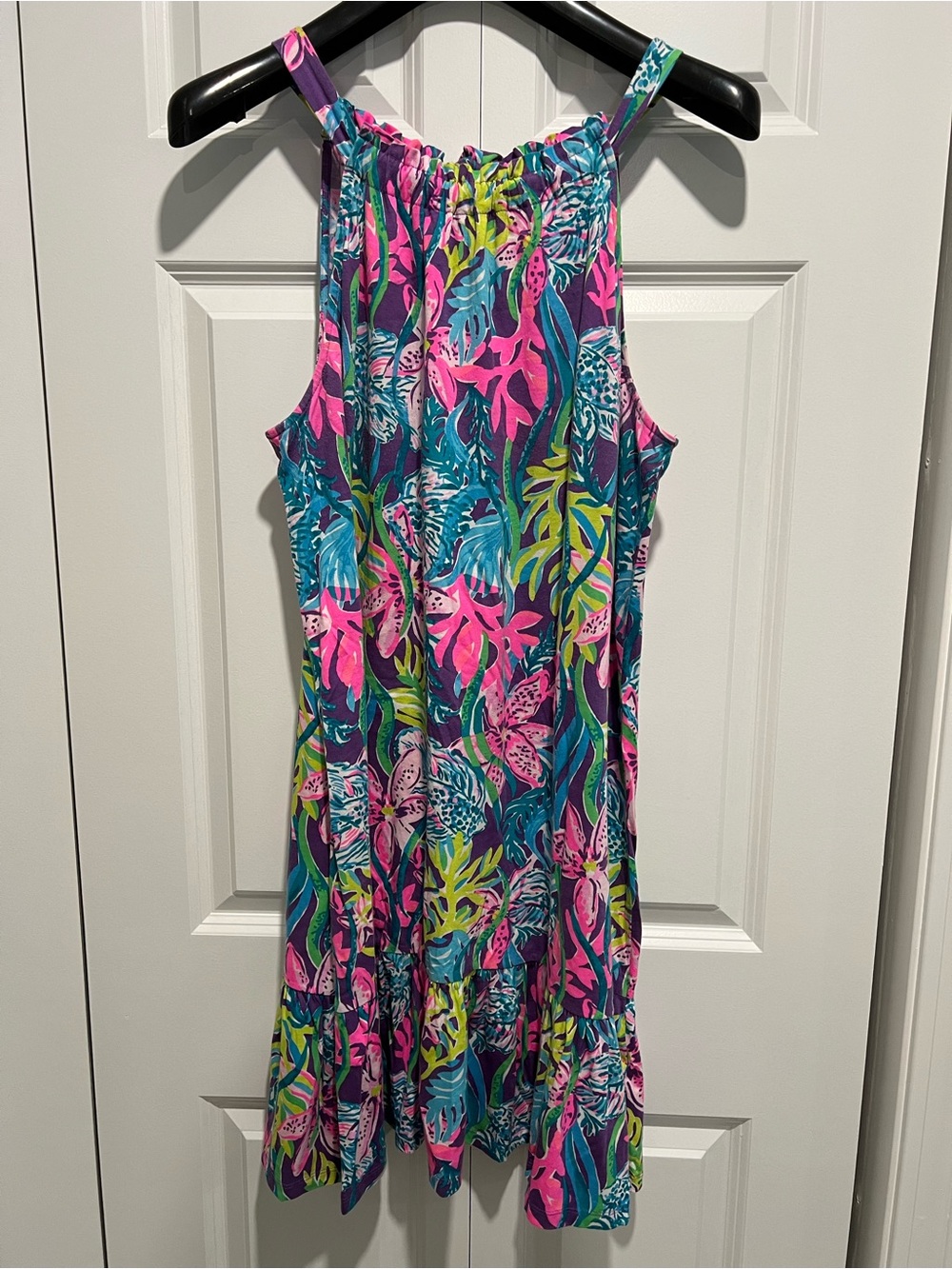 Lilly Pulitzer Saira Halter Flounce Dress "Purple Pigment Party All the tide"